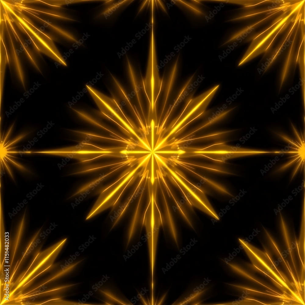 Poster golden starburst pattern: a mesmerizing kaleidoscope of radiant, golden stars burst forth from a bla