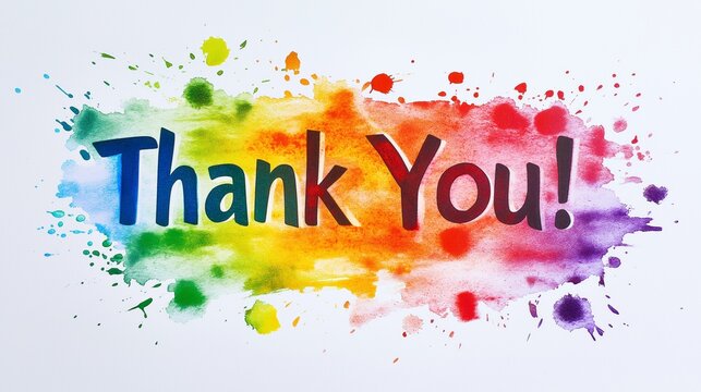 A beautiful expression of thanks is highlighted with the words Thank You! in bold lettering, surrounded by a joyful explosion of rainbow-colored splashes and textures