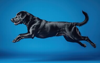 Obraz premium A sleek black Labrador jumping dynamically, set on a bold deep blue background