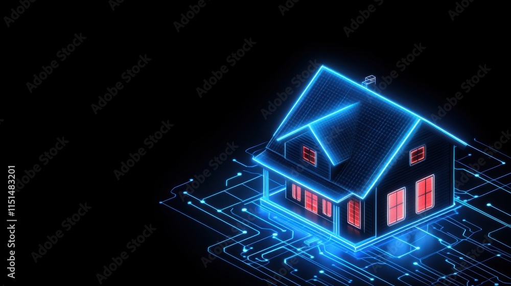 Aufkleber futuristic smart home design with neon lights and digital circuit pattern on black background