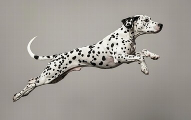 A spotted Dalmatian dog leaping mid-air, its black and white spots sharply contrasted against a neutral gray background