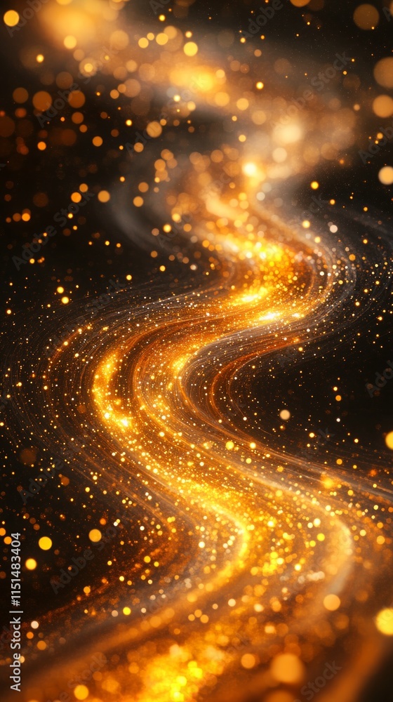 Poster golden sparkles twist and turn like a flowing river against a black backdrop, creating an enchanting