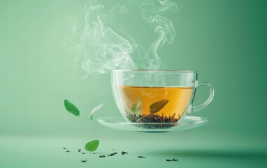 A steaming cup of herbal tea levitating mid-air with loose tea leaves and steam curling upward, on a pastel green background