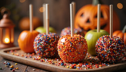 Good food caramel apples with sprinkles at a Halloween party