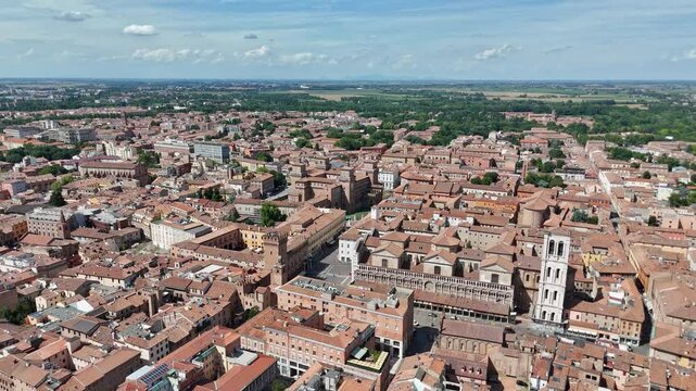 Landmarks of Italy - beautiful medieval town Ferrara in Emilia Romagna. Aerial drone view of historic center with castle and duomo. High quality footage in 4k format