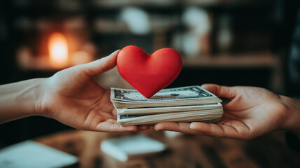 Hands exchanging money and a red heart for charity