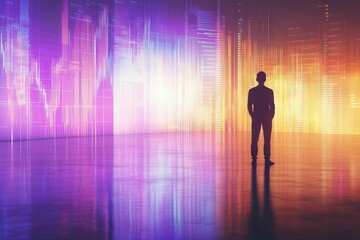 A Business Person Stands in a Dimly Lit Room Facing a Glowing Wall of Monitors Displaying Global Market Downtrends with Moody Lighting Effects