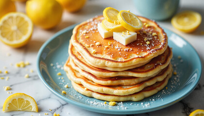 Good food lemon pancakes with butter and zest on a blue plate