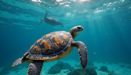 Fototapeta premium Shimmering Sea Turtle Texture with Realistic Patterns in Clear Ocean Waters with Soft Lighting