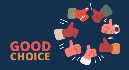 Cartoon vector illustration of hands with a raised finger around a copy space, symbolizing approval, support, and an invitation for attention, with the text 