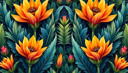 Showy Feathered Bird of Paradise Texture with Realistic Patterns among Vibrant Flowers and Leaves in Soft Lighting