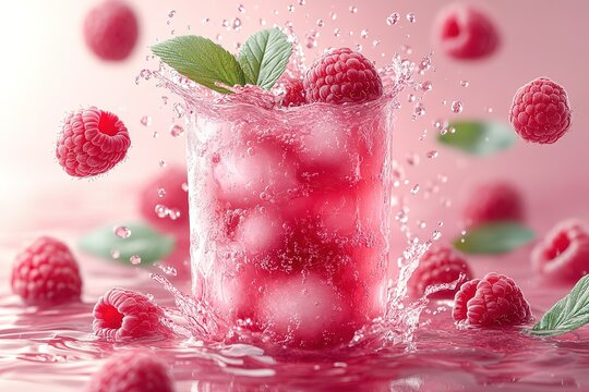 A glass of pink raspberry juice with ice cubes