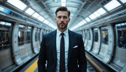 Confident businessman in a suit standing in a modern subway station