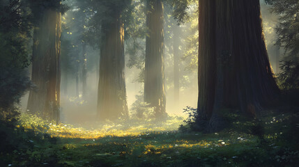 Obraz premium Sunlit Redwood Forest: A Mystical Landscape