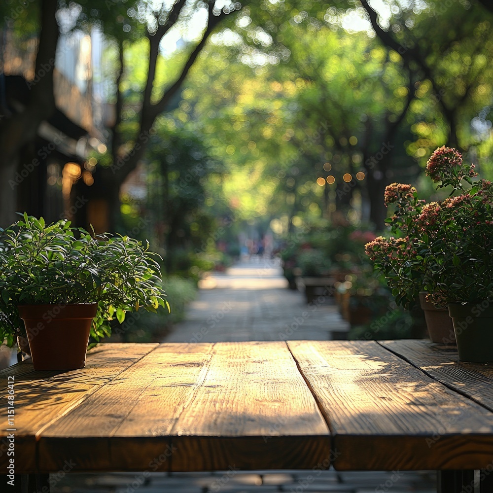 Poster empty wooden table with two potted plants in a blurred outdoor setting. green trees and a paved path