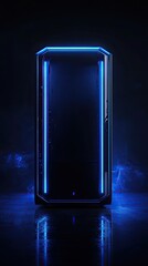 Dark futuristic pedestal with blue neon lights.