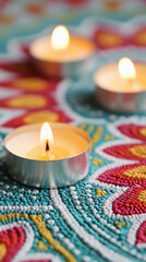 Close up of glowing candles on intricate rangoli patterns, creating warmth