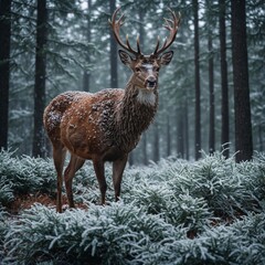 Obraz premium A majestic deer with fur resembling frosted pinecones wandering through a frosty evergreen forest.