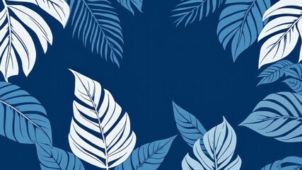 Dark Blue Tropical Leaf Wallpaper Design - Hand Drawn Silhouette Botanical Print