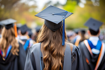 Female graduate in cap and gown at outdoor ceremony, sunny day celebration and bokeh effect
