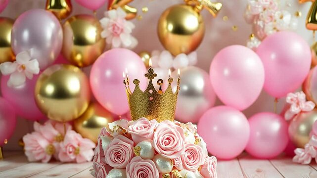 First birthday party background, pink and gold crown and pic