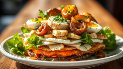 Delicious Layered Chicken Salad with Fried Mushrooms, Cheese, Eggs & Pickled Champignons - Photorealistic Food Photography