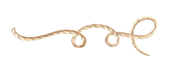 Rope twisted in loops. Hand drawn watercolor illustration isolated. Marine cord or string of hemp. Fiber of burlap, thread. Horizontal composition in nautical style. Clipart for postcard, craft, print © susie_p_art