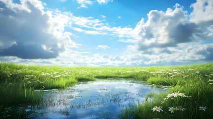 Obraz premium Serene Landscape: Picturesque Meadow, Reflecting Pond, and Sunny Sky
