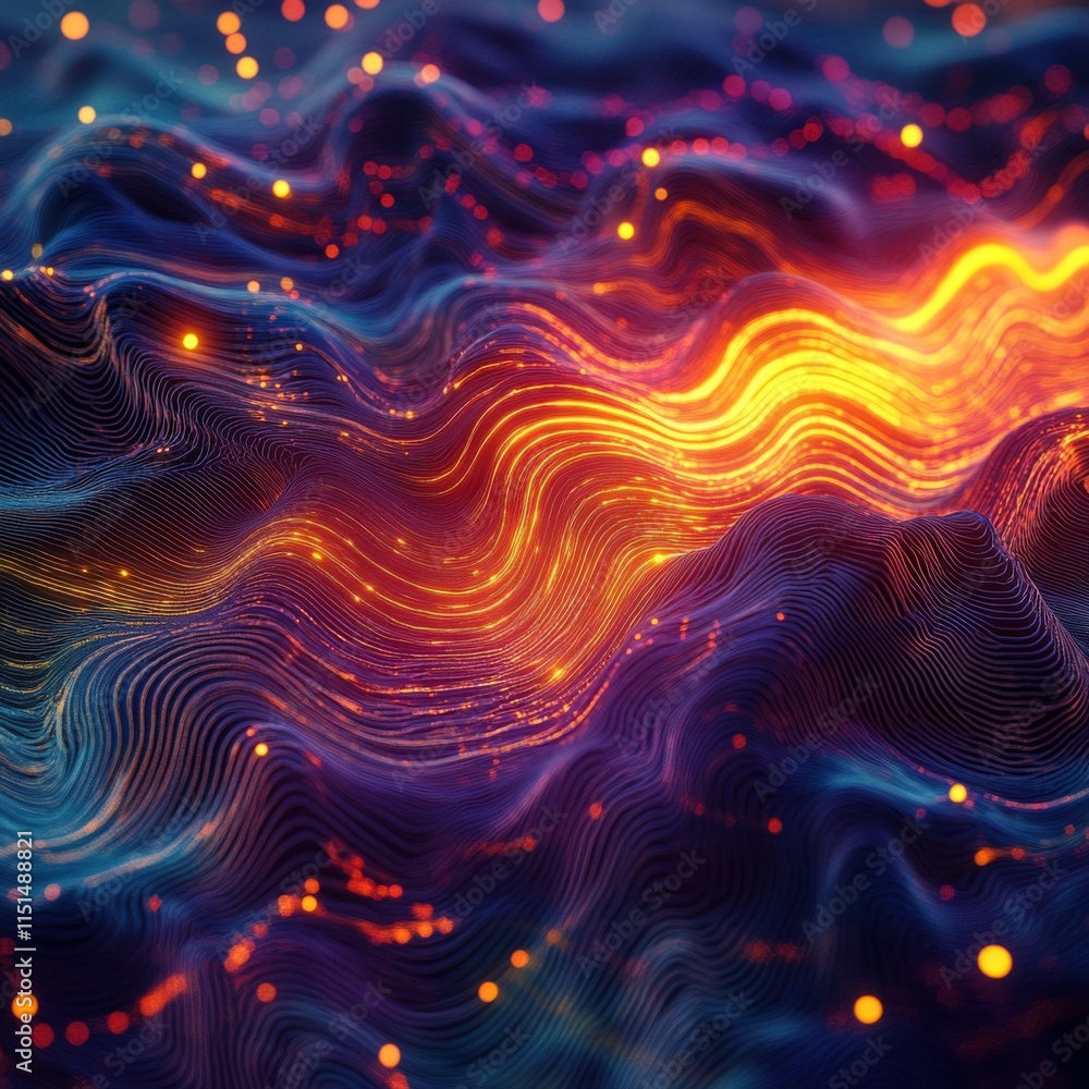 Poster abstract glowing lines on undulating surface with glowing dots
