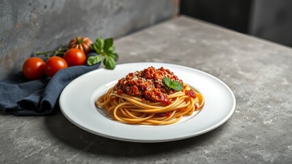 Fototapeta premium Delicious Spaghetti Bolognese on Concrete, High-Quality Food Photography