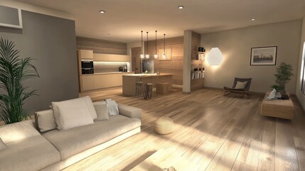 Fototapeta premium Modern Minimalist Open-Plan Living Room and Kitchen Design with Natural Light