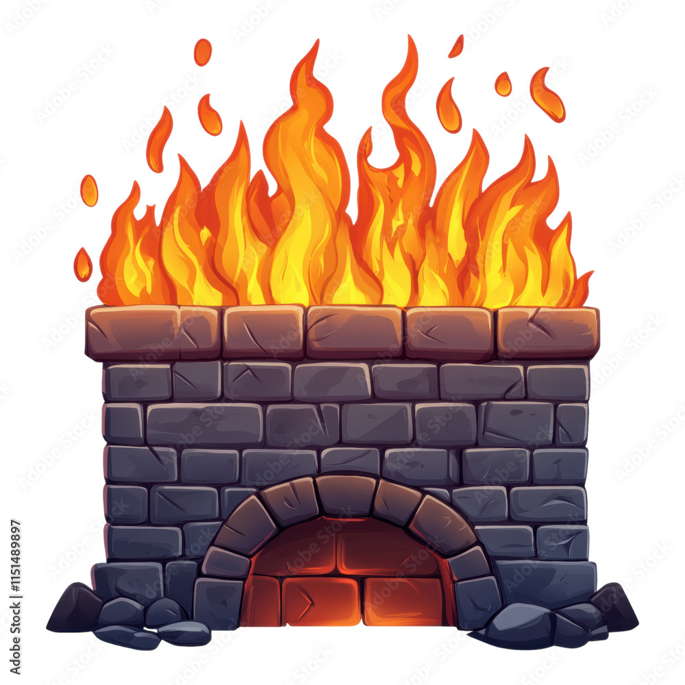 Poster firewall icon featuring flames and a sturdy wall, designed for digital security applications, transp