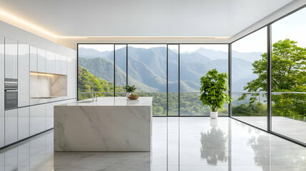 Fototapeta premium Modern Kitchen with Mountain View: Luxury Interior Design