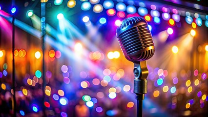 Stage lights illuminate a singer's electrifying performance, microphones capturing every note in this concert photograph.