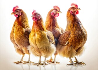 Fototapeta premium Studio shot: four Brown Sebright chickens in a captivating double exposure, set against a pristine white background.