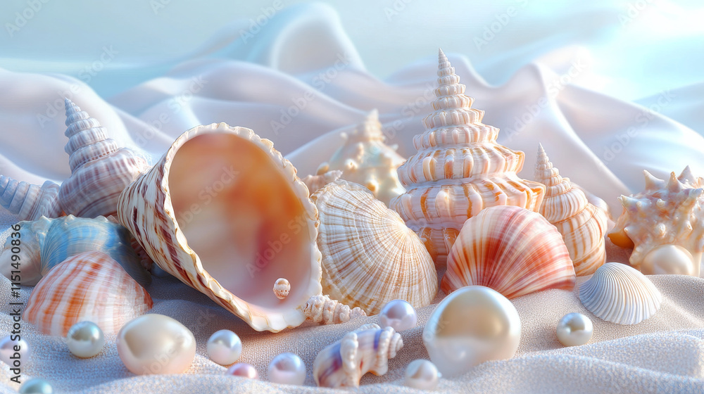 Poster realistic seashells. mollusk shells ocean beach objects luxury pearls open concha vector collection