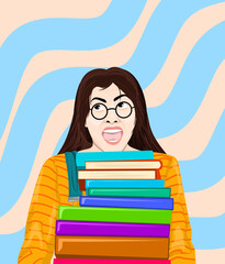 A young woman carrying a stack of books. Pile of textbooks. Education, study and literature concept. World book day. Vector illustration