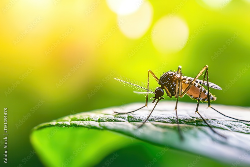 Poster a close-up of a mosquito resting on a leaf in a lush green forest with soft warm lighting and a blur