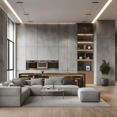 Aesthetic elegant minimalist modern interior design. Clear mock up empty wall for decoration in the apartment. Copy space in the room. Neutral palette of natural colors.