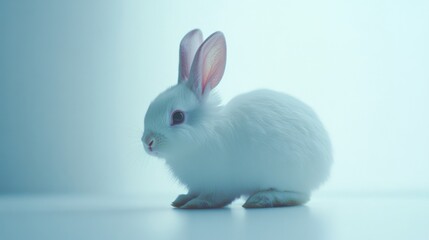 Obraz premium a white rabbit with pink ears sits against a light blue background