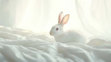 Obraz premium A white rabbit on a white blanket
