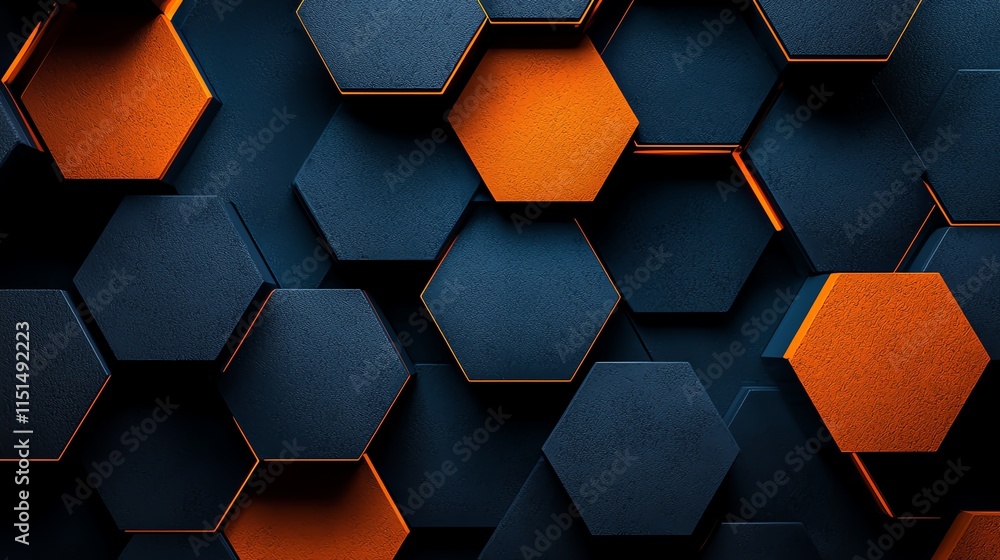 Poster a modern geometric design featuring hexagonal patterns and gradients of orange and midnight blue