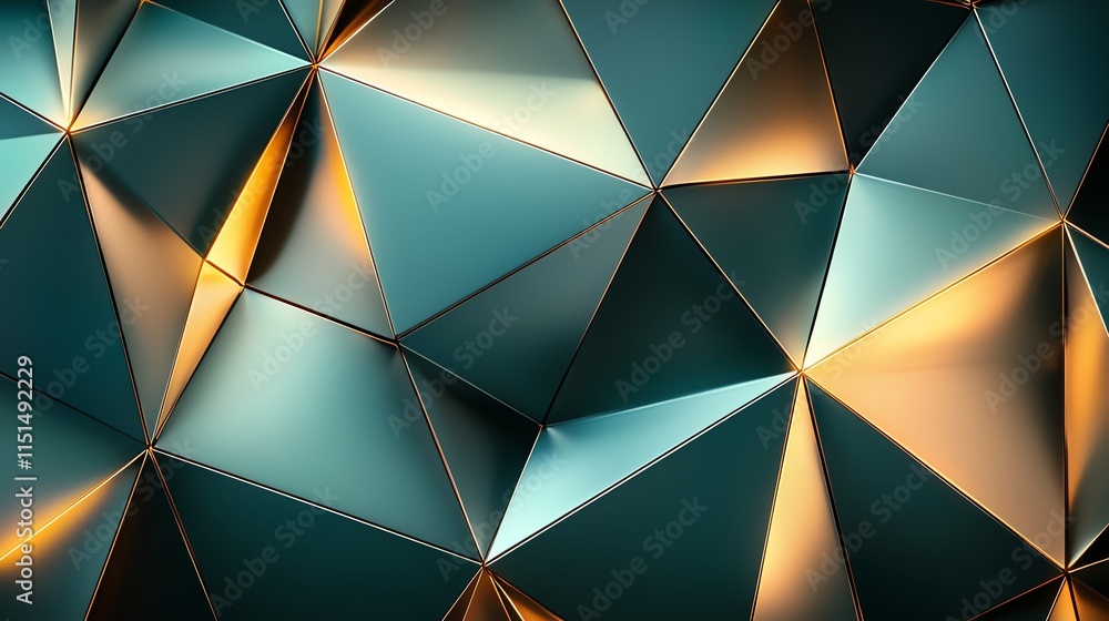 Poster a geometric abstract design featuring overlapping triangles with gradients of teal and gold