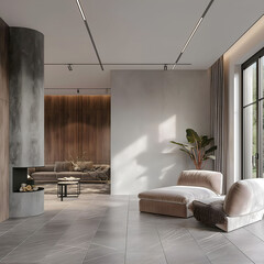 Aesthetic elegant minimalist modern interior design. Clear mock up empty wall for decoration in the apartment. Copy space in the room. Neutral palette of natural colors.