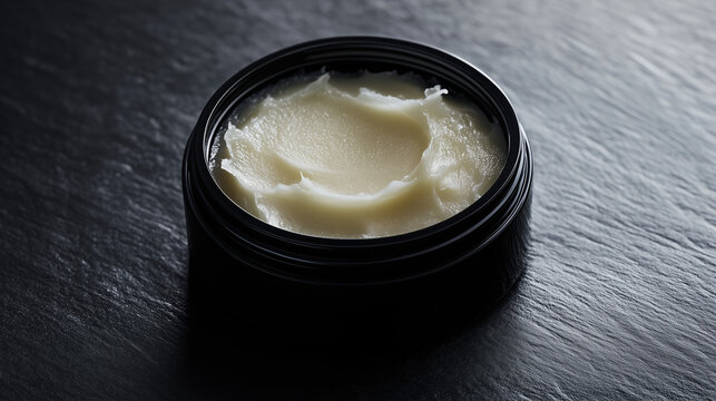 Circular Hair Pomade Container in Studio Setting, Minimalist Barbershop Aesthetic, Professional Product Display