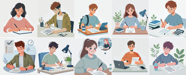 vector set of a teenager writing a report with a simple flat design style