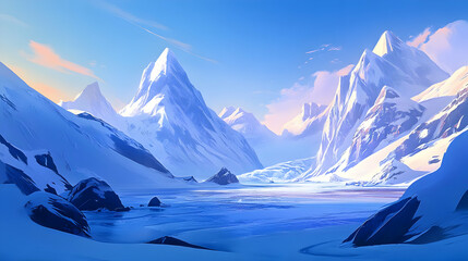 Fototapeta premium Majestic Snowy Mountains and Frozen Lake: A Serene Winter Landscape