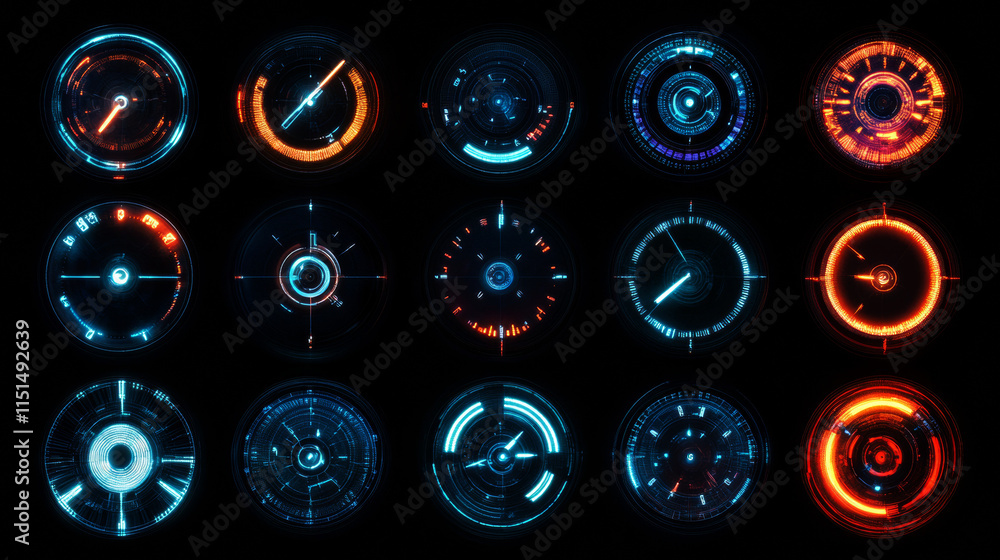 Poster speedometers collection. symbols of speed score measuring tachometer level indices vector collection