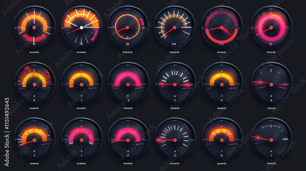 Poster speedometers collection. symbols of speed score measuring tachometer level indices vector collection