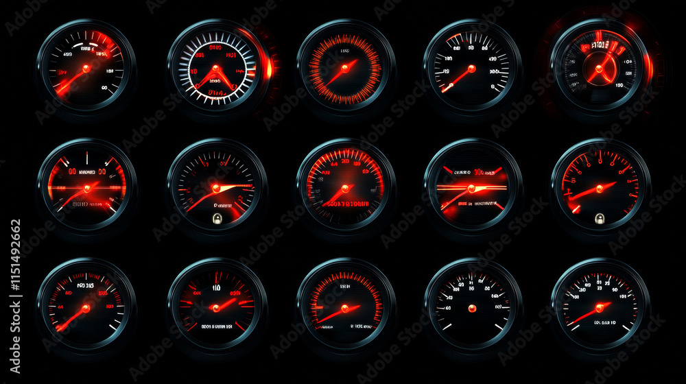 Poster speedometers collection. symbols of speed score measuring tachometer level indices vector collection